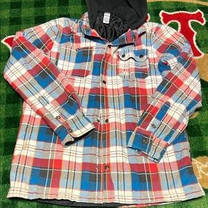 Armada Men's Flannel Hooded Jacket Size Medium Red Blue Plaid Shacket